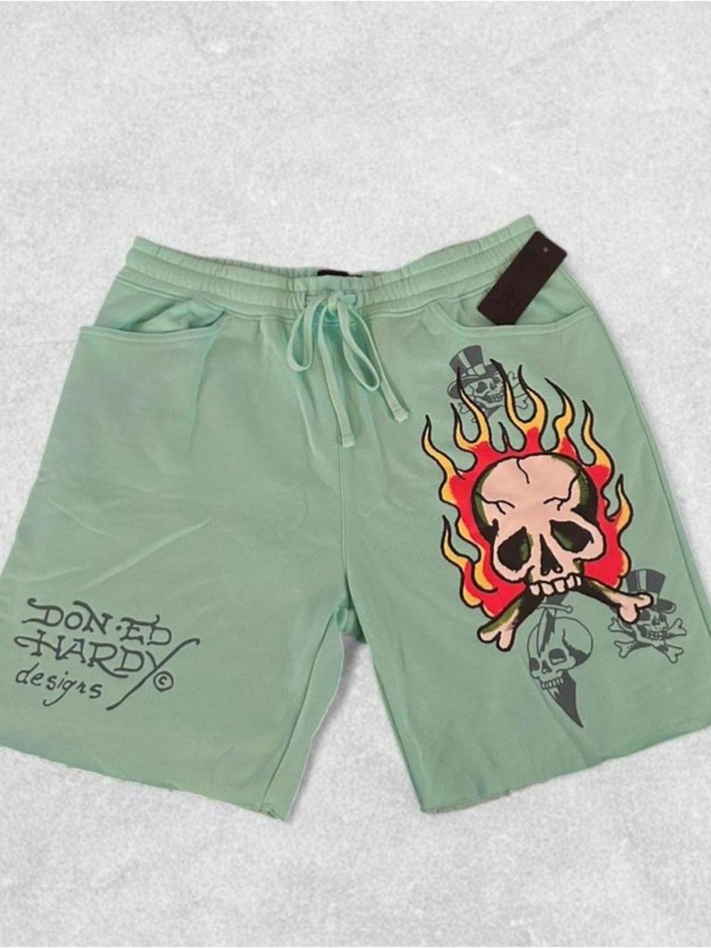 Ed Hardy Mint Green Skull Flame Graphic Athletic Shorts